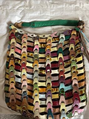 Multicolor Woven Leather Shoulder Bag with Green Strap